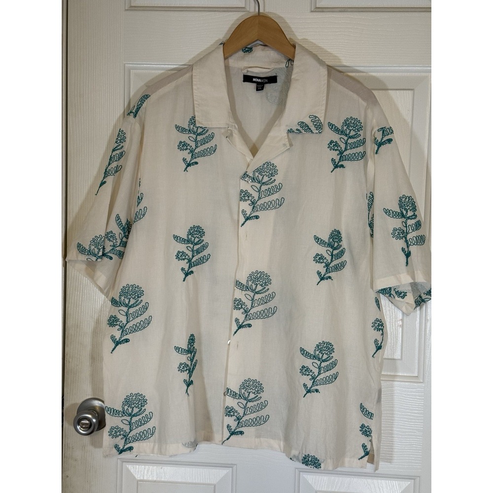 Nova men XXL White Green Floral Short Slve Button Up Casual Coastal 100% Cotton